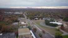 Ferguson Road with the Dallas skyline in the distance.
