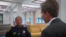 Dallas County Sheriff Marian Brown, left,  talks with NBC 5 senior investigative reporter Scott Friedman, right.