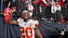 Kansas City Chiefs safety Justin Reid celebrates following an NFL football game against the Las Vegas Raiders Saturday, Jan. 7, 2023, in Las Vegas. The Chiefs won 31-13. (AP Photo/David Becker)