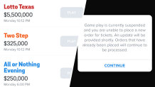 The Jackpocket app on Monday, Feb. 24, 2025, warns players in Texas they are unable to purchase new lottery tickets. NBC 5 reached out to Jackpocket for comment but has not received a reply.