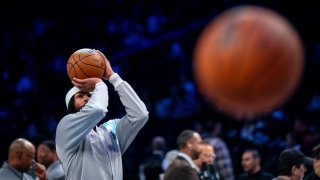 Dallas Mavericks forward Anthony Davis (3) warms up before the NBA basketball game against the Brooklyn Nets, Monday, March 24, 2025, in New York.