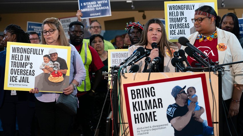 Jennifer Vasquez Sura, the wife of Kilmar Abrego Garcia of Maryland, who was mistakenly deported to El Salvador, speaks during a news conference at CASA's Multicultural Center in Hyattsville, Md., Friday, April 4, 2025.