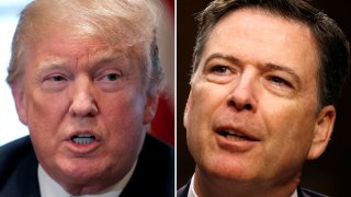 A combination of file photos shows President Donald Trump in the White House, April 9, 2018, and former FBI Director James Comey on Capitol Hill, in Washington, June 8, 2017.