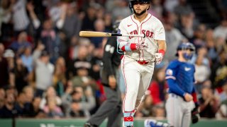 BOSTON, MASSACHUSETTS – MAY 7: Wilyer Abreu #52 of the Boston Red Sox tosses his bat after hitting a home run during the fourth inning of a game against the Texas Rangers in Boston, Massachusetts.