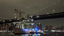 The Mexican naval vessel, the Cuauhtémoc, crashes into the Brooklyn Bridge in New York, US, on Saturday, May 17, 2025. A 270-foot vessel carrying 277 people scraped the bottom of the Brooklyn Bridge on Saturday evening, sending some passengers into the East River and leaving others injured. Photographer: Myles Miller/Bloomberg via Getty Images